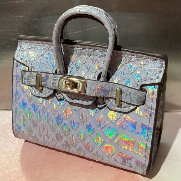 🐍 👜 Handmade Genuine Leather Mini Holographic Lilac Snakeskin Birkin Bag Charm - Picture 4 of 12